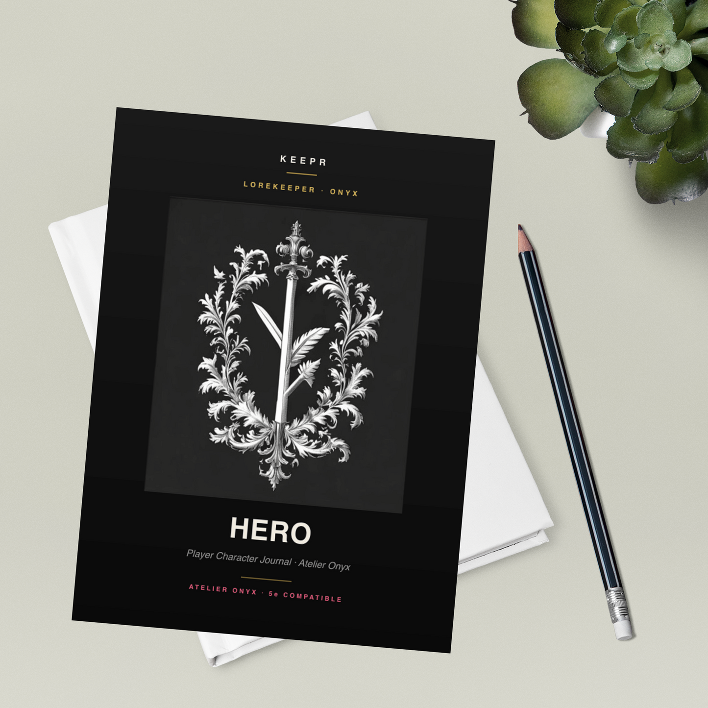 Lorekeeper Hero — Atelier Edition · D&D Character Journal — Atelier Onyx flatlay
