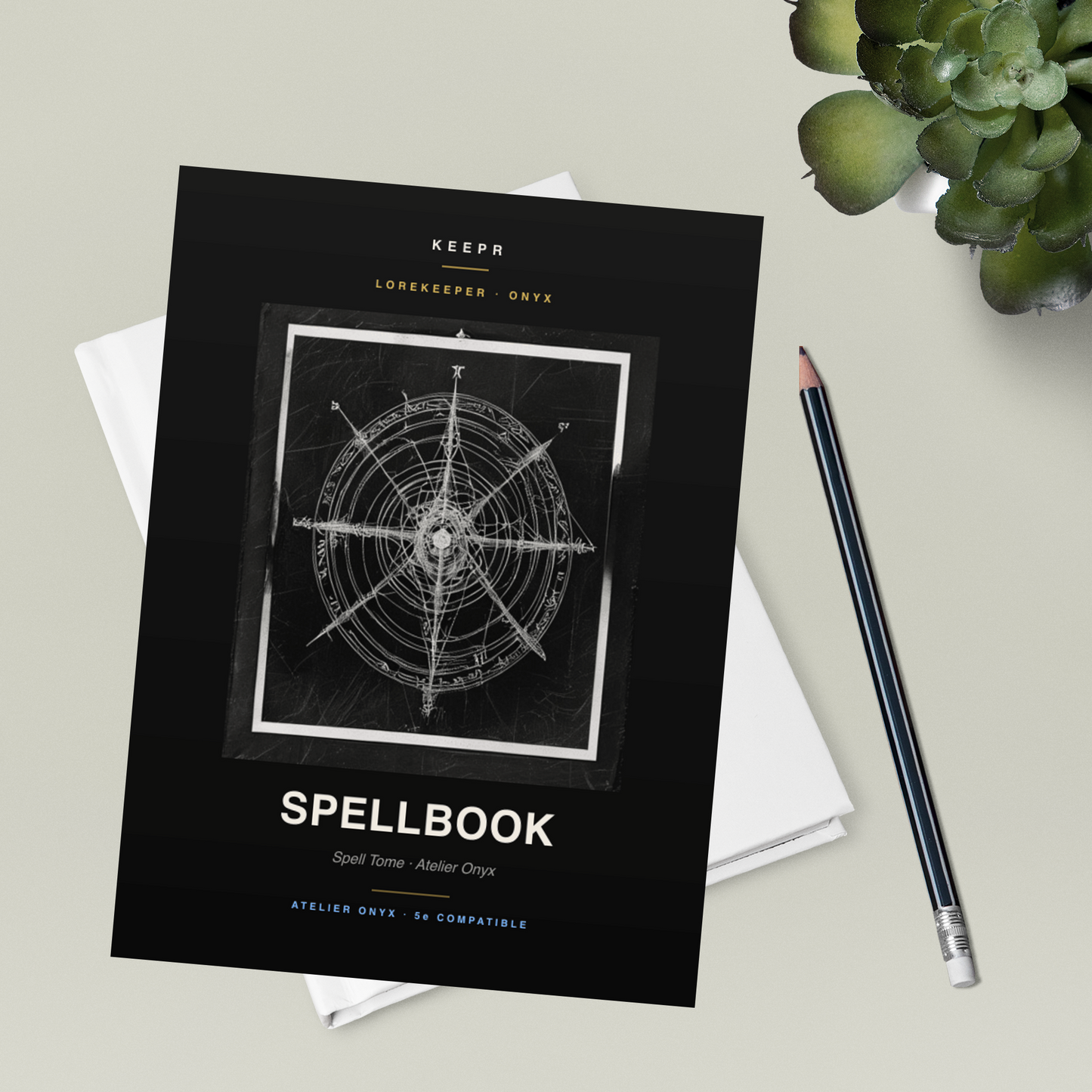 Lorekeeper Spellbook — Atelier Edition · D&D Spell Tome — Atelier Onyx flatlay