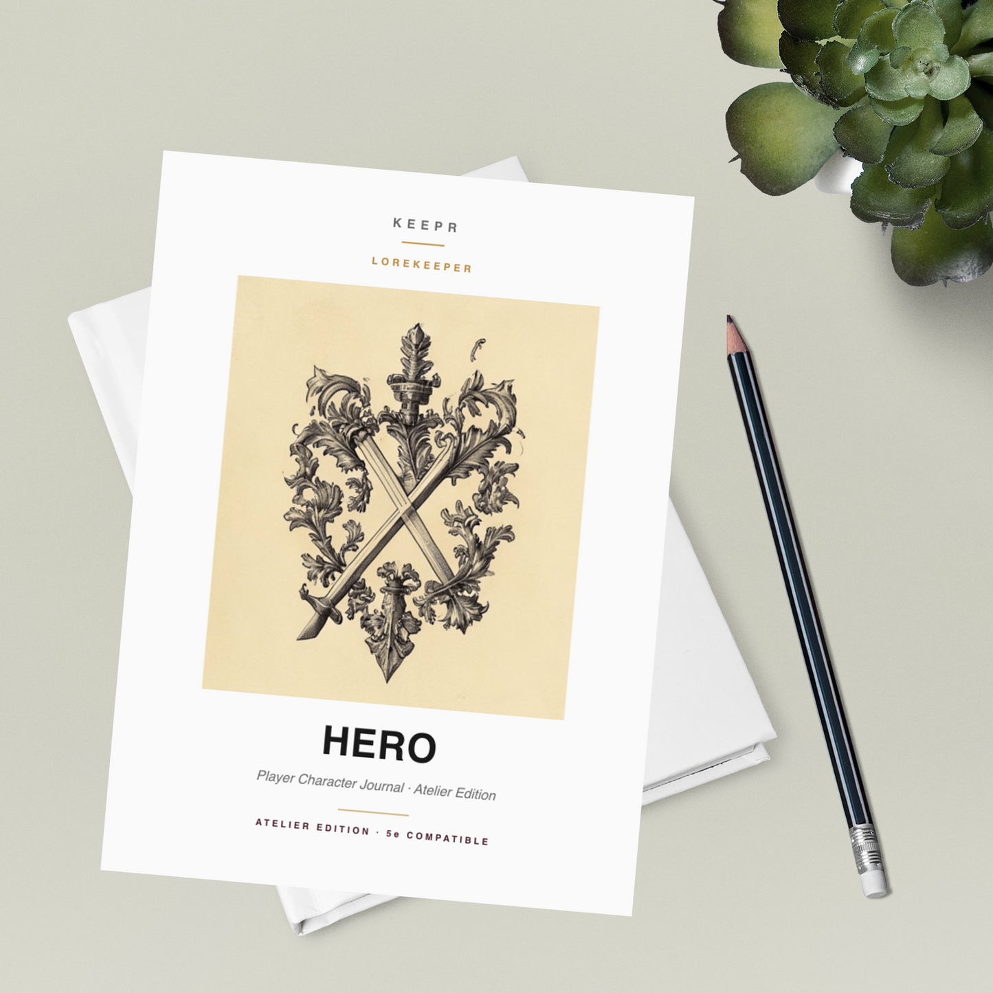Lorekeeper Hero — Atelier Edition · D&D Character Journal — Atelier flatlay