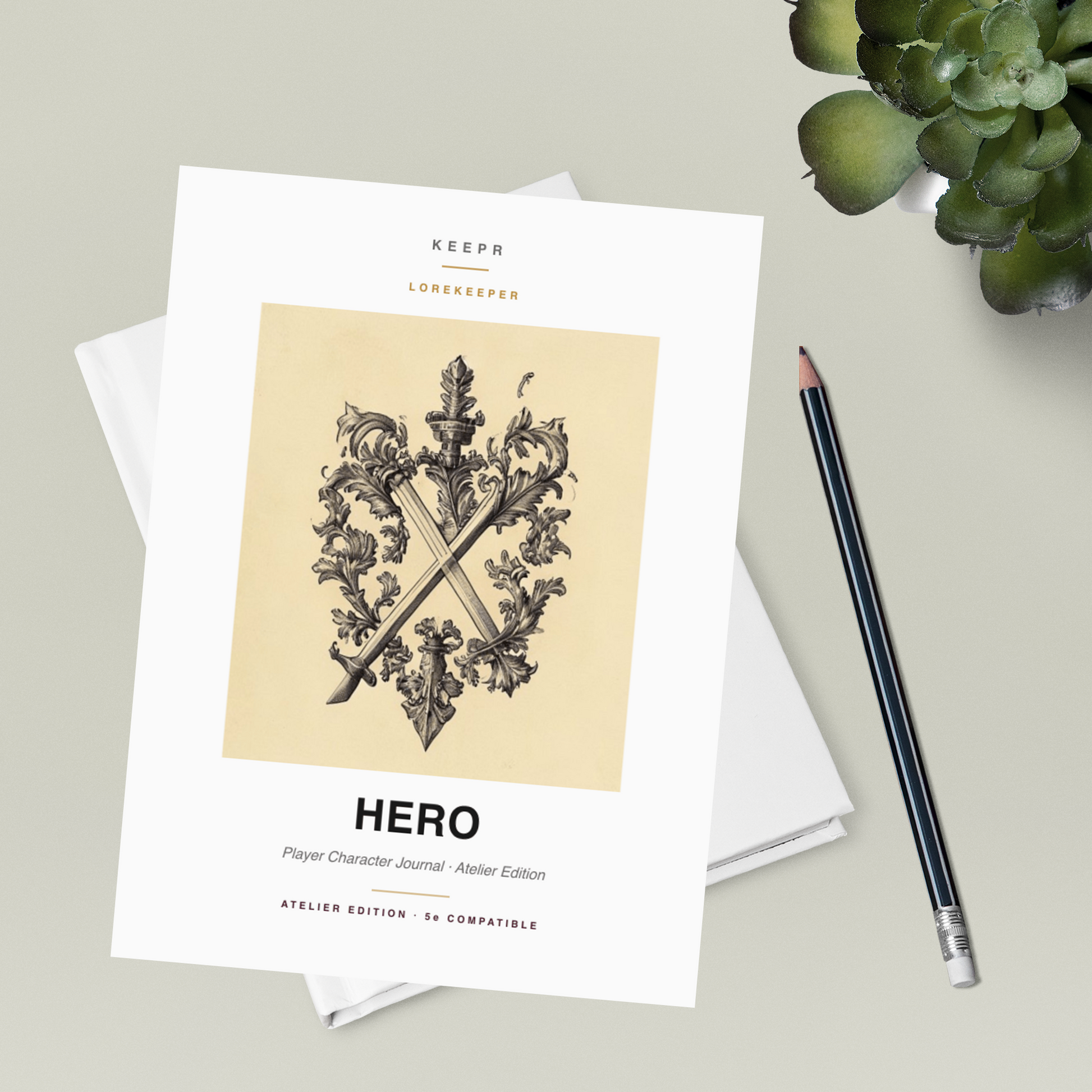 Lorekeeper Hero — Atelier Edition · D&D Character Journal — Atelier flatlay