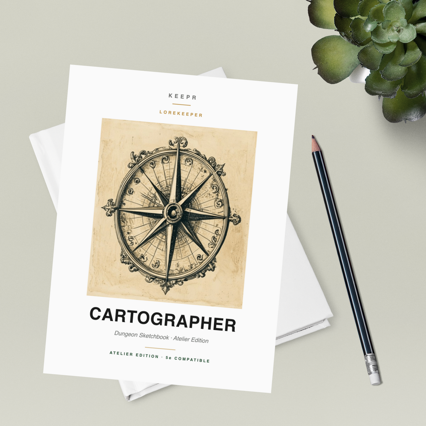 Lorekeeper Cartographer — Atelier Edition · D&D Sketchbook — Atelier flatlay