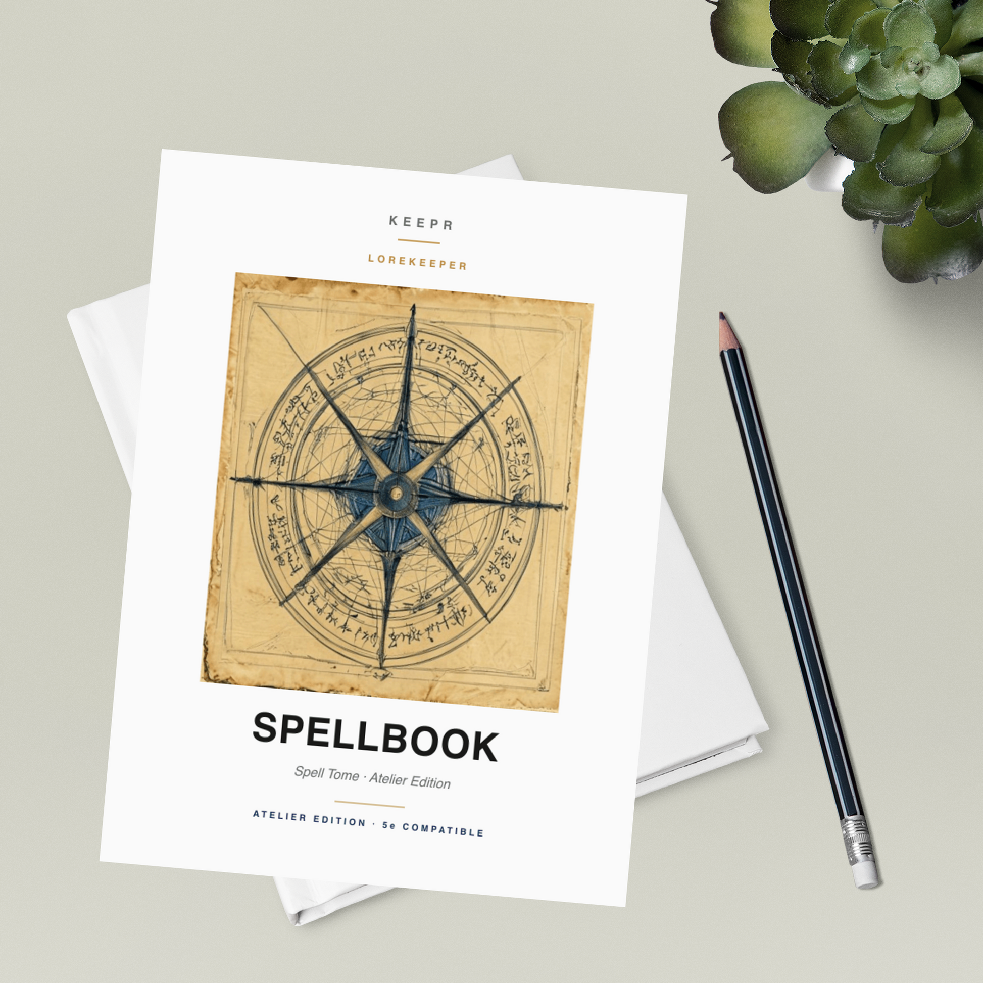 Lorekeeper Spellbook — Atelier Edition · D&D Spell Tome — Atelier flatlay