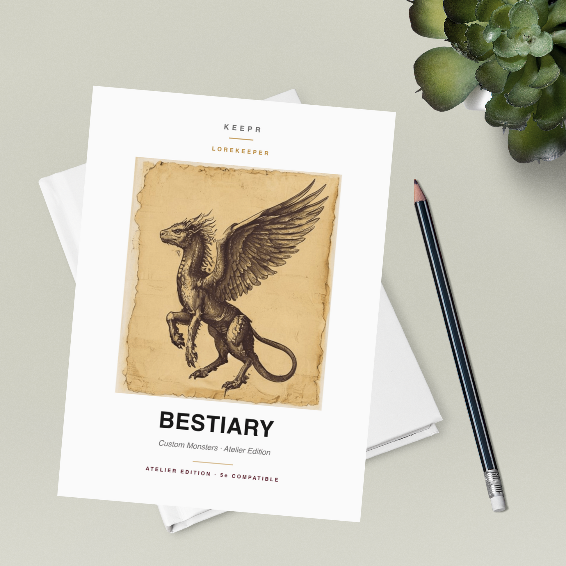 Lorekeeper Bestiary — Atelier Edition · D&D Monster Journal — Atelier flatlay
