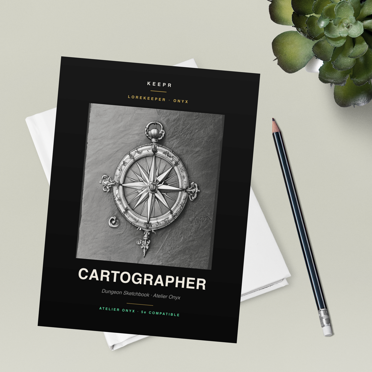Lorekeeper Cartographer — Atelier Edition · D&D Sketchbook — Atelier Onyx flatlay