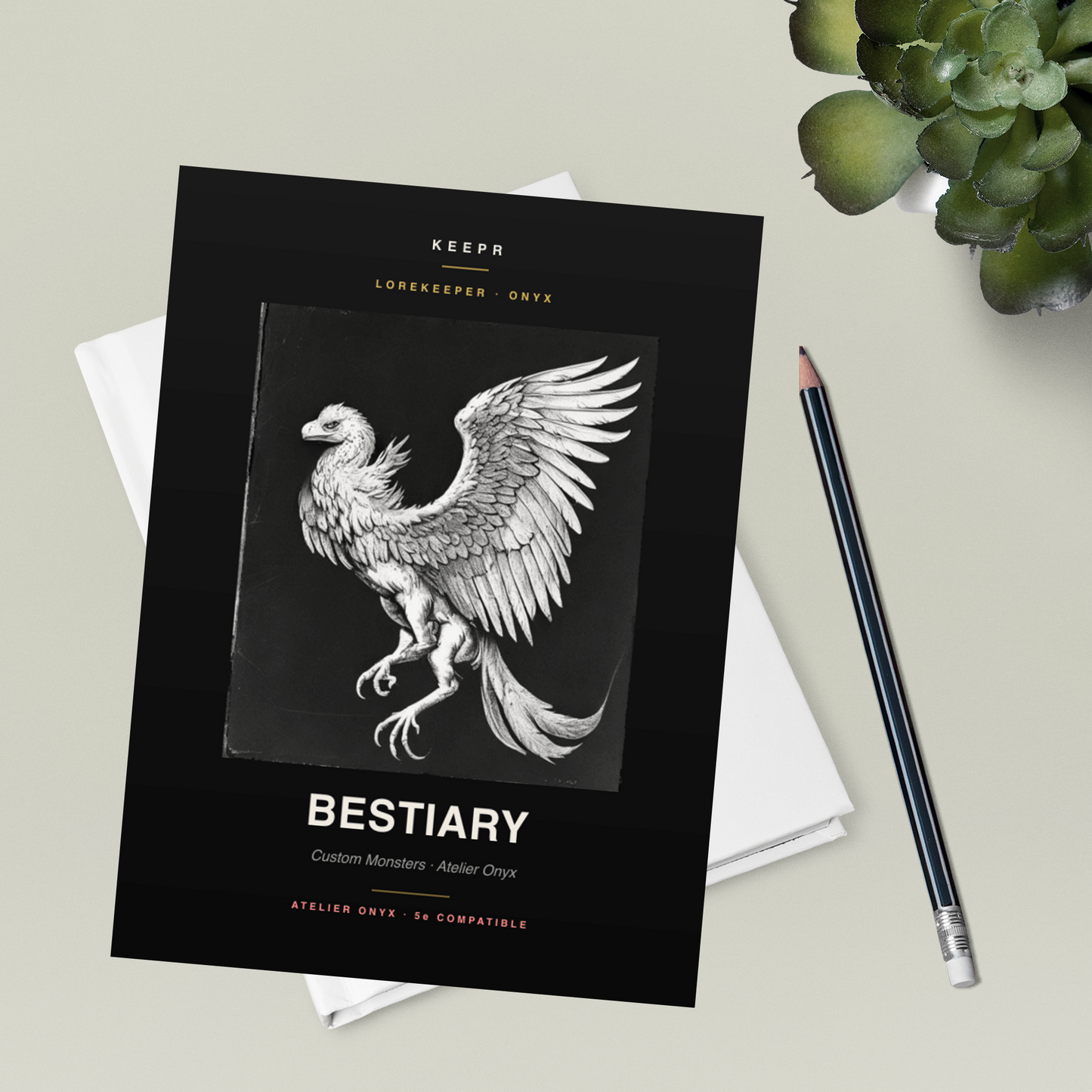 Lorekeeper Bestiary — Atelier Edition · D&D Monster Journal — Atelier Onyx flatlay