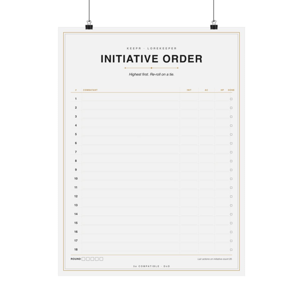DnD Initiative Order tracker poster — 18x24 matte DM reference print