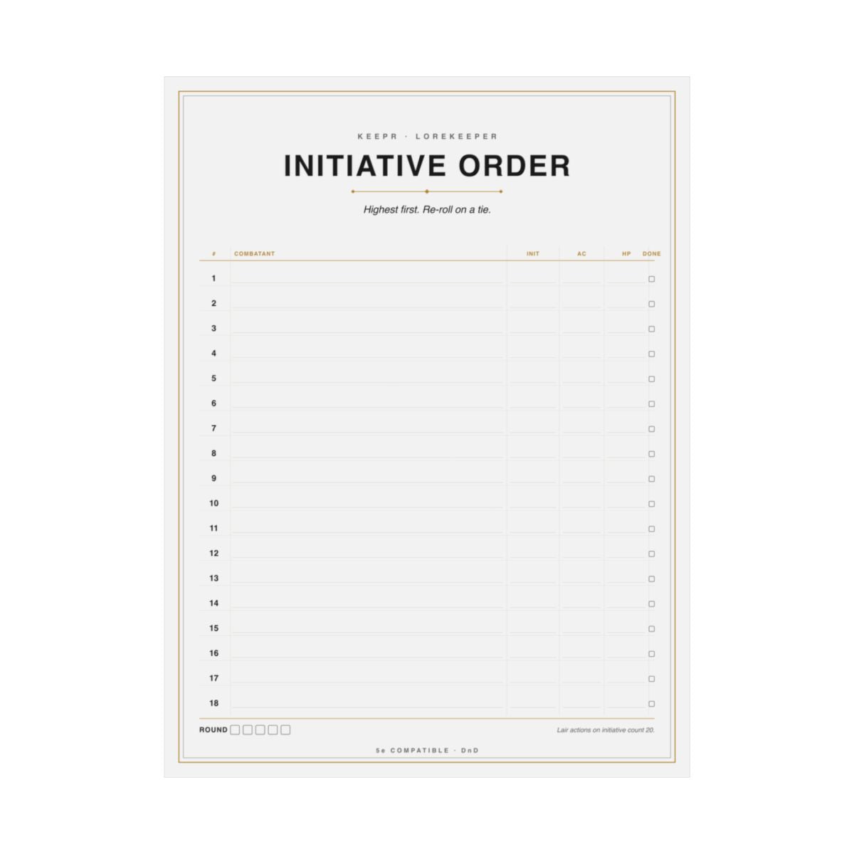 DnD Initiative Order tracker poster — 18x24 matte DM reference print
