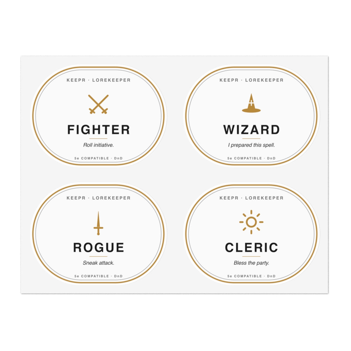 DnD class stickers — Fighter, Wizard, Rogue, Cleric kiss-cut vinyl sticker sheet