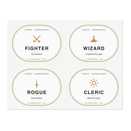 DnD class stickers — Fighter, Wizard, Rogue, Cleric kiss-cut vinyl sticker sheet