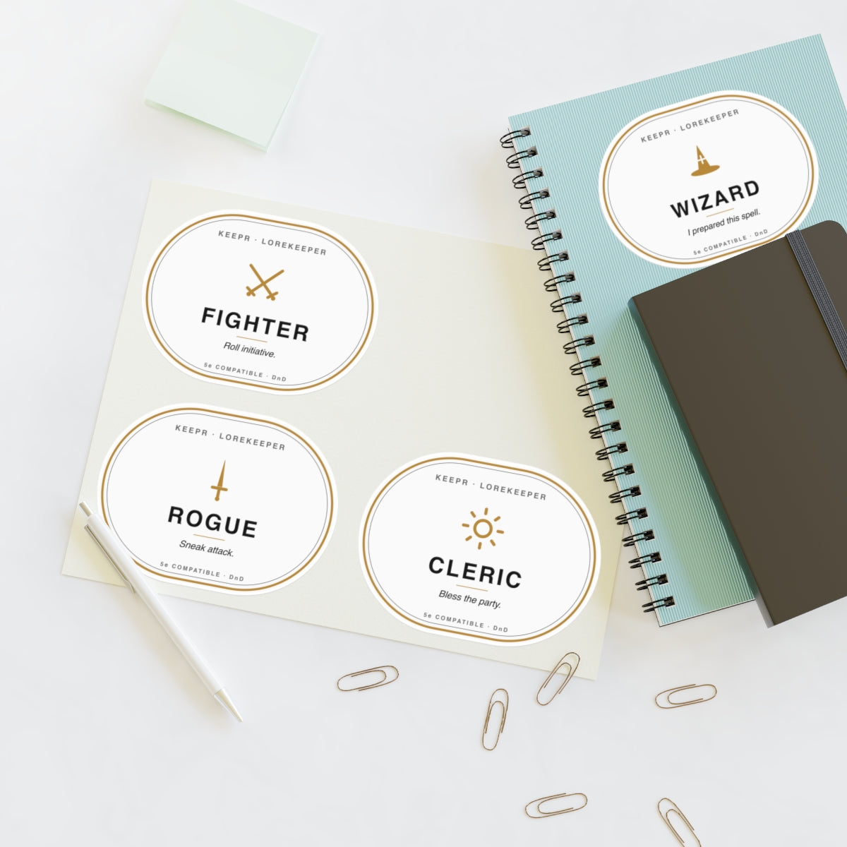 DnD class stickers — Fighter, Wizard, Rogue, Cleric kiss-cut vinyl sticker sheet